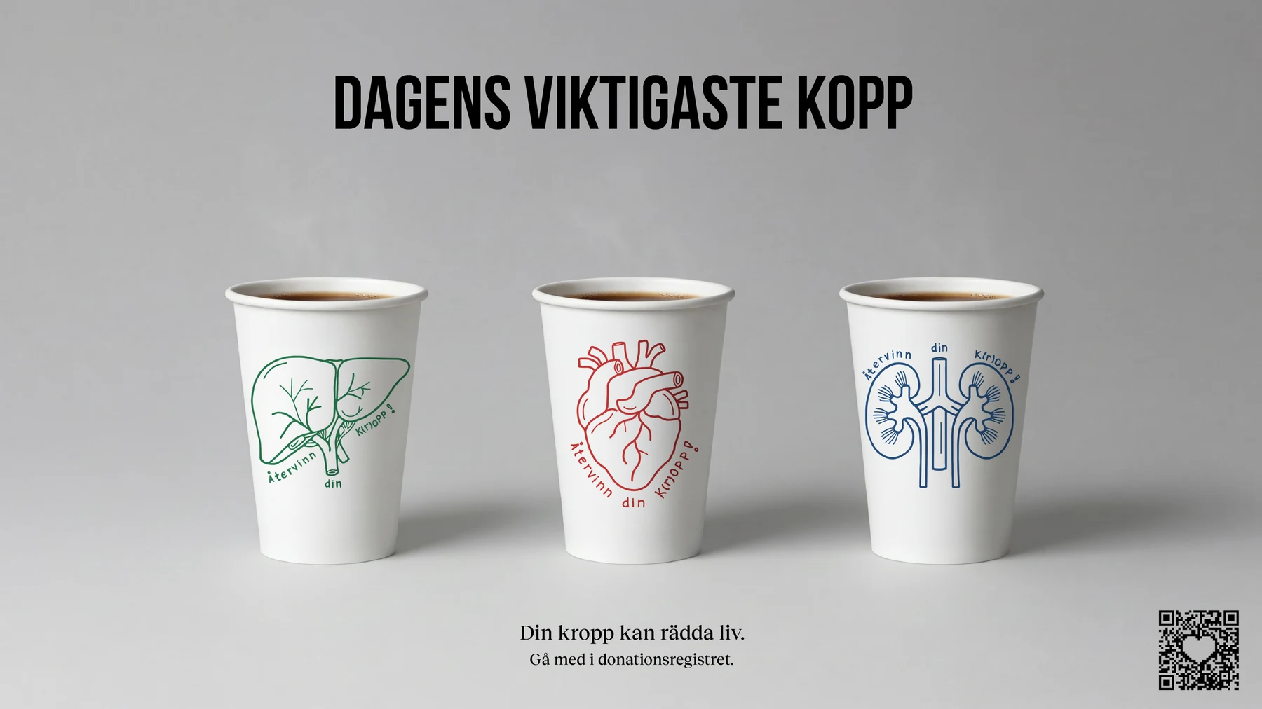 Dagens viktigaste kopp campaign artwork: three illustrated organ-donation cups and a QR code beside the invitation to join the donation register.