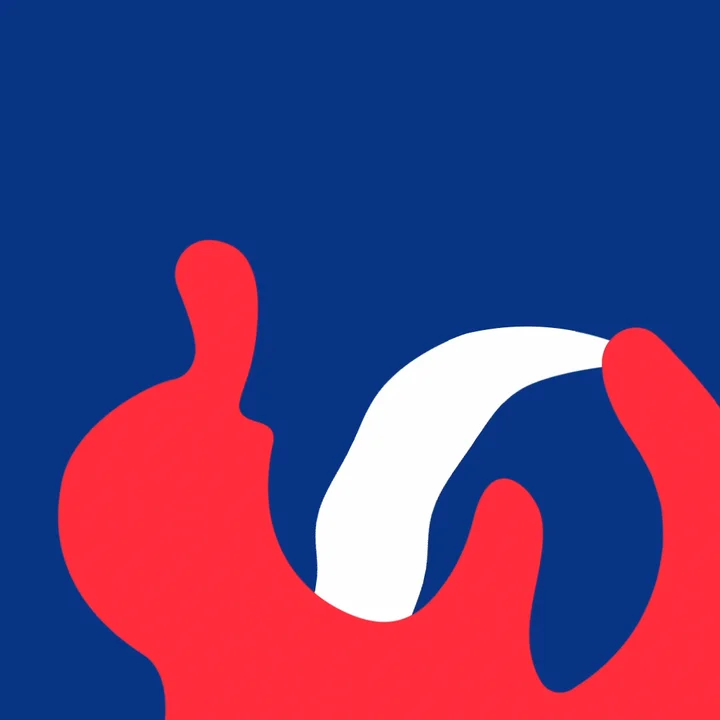 Red and white organic forms moving against a blue background.